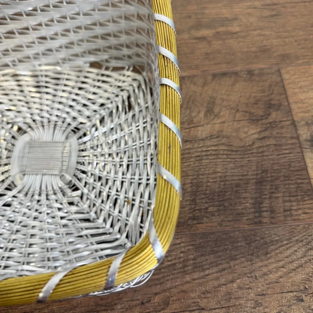 Vintage Woven Metal Wire Basket Silver Gold Trim Square Made in India 9.5 x 5 in